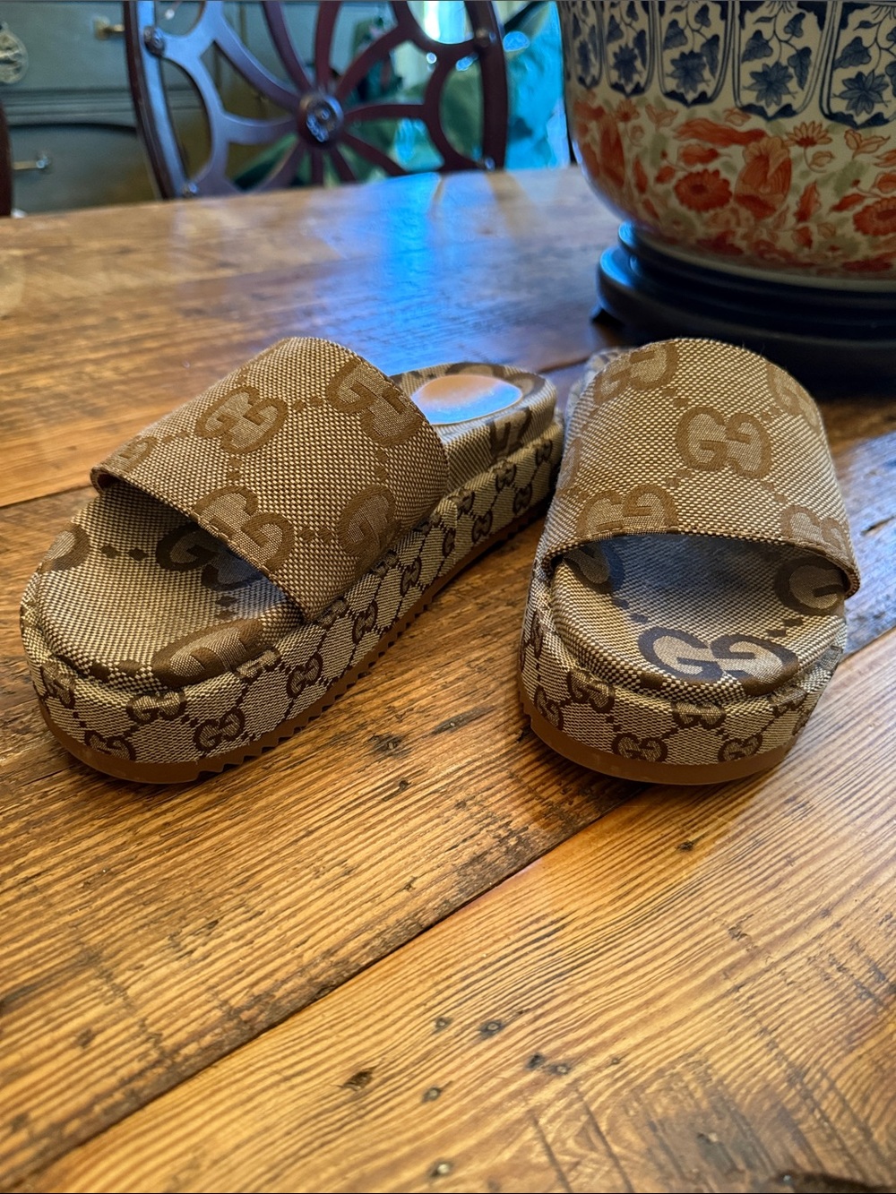 Gucci Brown Monogram Platform Slide Sandals for Women